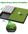 Patented All In One Pro Grade Golf Practice Mat With Built In Ball Tray That Holds 32 Balls, shown with balls and turf close-up.