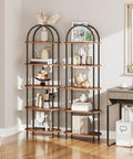 Five Tier Industrial Arched Bookshelf With Hella Sturdy Wooden And Metal Frame Rustic Brown Open Display Rack For Living Room showcasing decorative items and books.