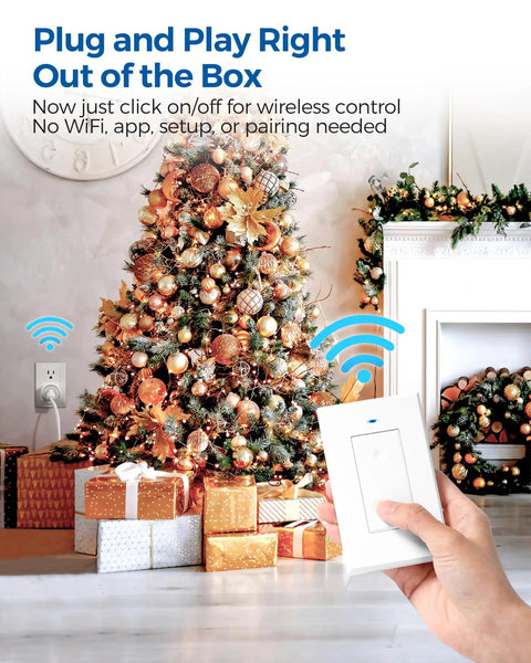 Person using Remote Control Outlet Switch For Lamps And Lights, Wireless Light Switch with On Off Remote by Christmas tree.