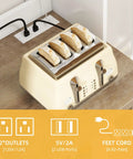 Toaster on White Baker Rack With Built In Power Outlet And Storage Farmhouse Microwave Stand in kitchen