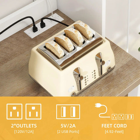 Toaster on White Baker Rack With Built In Power Outlet And Storage Farmhouse Microwave Stand in kitchen