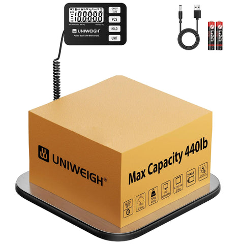 Rock Solid Digital Shipping Scale With Dead On Point 440lb Capacity And Easy Read Display with a yellow box on stainless steel base.