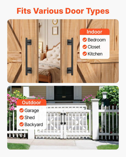 Rustic Barn Door Handle 12.6 Inch Built Tough for All Weather Gates, shown on wooden barn doors and white outdoor gate.