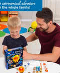 Father and child playing with Orbiting Solar System STEM Kit With Windup Motor No Batteries Needed Rotating Planets
