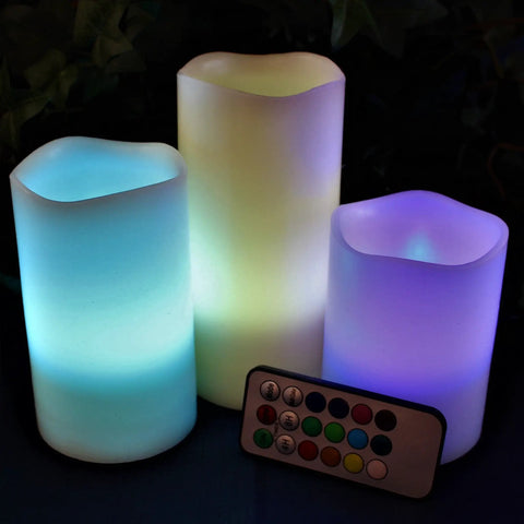 Multi Colored Flameless Candles Set Battery Operated With Remote Control Flickering Flame Ivory Wax Pillars 3-Pack