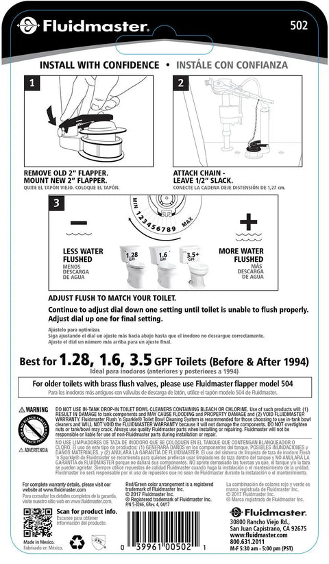 Package instructions for PerforMAX Universal Water Saving Toilet Flapper with adjustable flush valve guide.