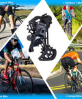 12 Speed Rear Derailleur Rd M7120 SGS For Mountain Bikes With Direct Mount Cushioned Pads 13T Pulley Wheel shown with various bikes