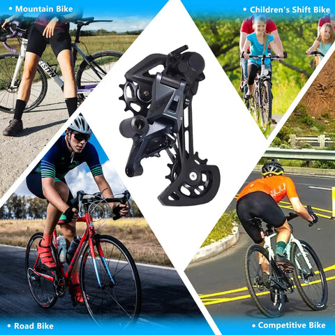 12 Speed Rear Derailleur Rd M7120 SGS For Mountain Bikes With Direct Mount Cushioned Pads 13T Pulley Wheel shown with various bikes