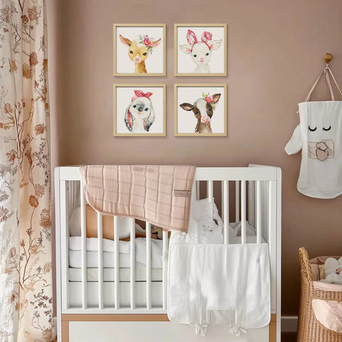 Framed Woodland Nursery Wall Decor 10x10 Inch Cute Baby Wall Art For Kids, 4 animal prints above a crib in a safari theme room.