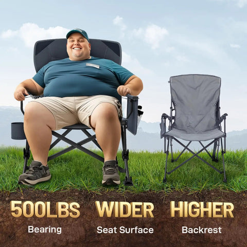 Oversized Folding Camping Chair For Outdoors, Built Tough Heavy Duty Quad Lawn Chair with side pockets, comparison view