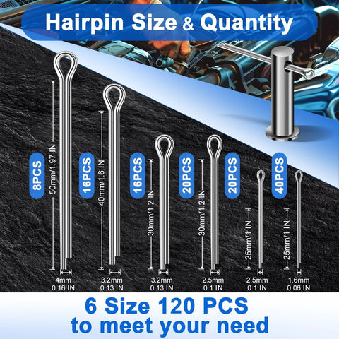 Six-size stainless steel cotter pin set, 120 pcs (8x50mm, 16x40mm, 16x30mm, 20x30mm, 20x25mm, 40x25mm).