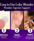 Steps showing how to use Clear Latex Free Ear Lobe Support Patch For Pierced Ears That Instantly Lifts And Protects Prevents Torn Or Stretched Lobes Nearly Invisible Earring Back Alternative For All Styles And Sizes 60 Patches