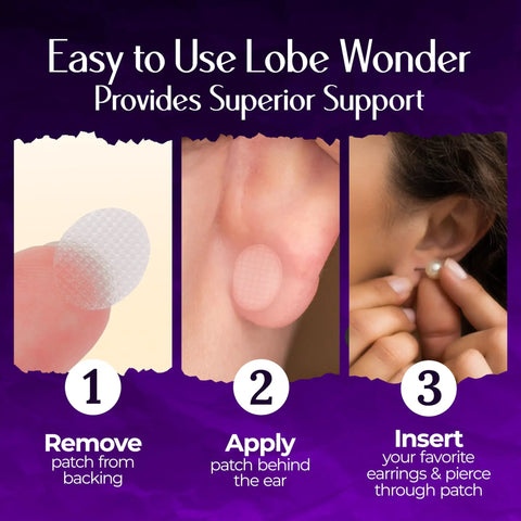 Steps showing how to use Clear Latex Free Ear Lobe Support Patch For Pierced Ears That Instantly Lifts And Protects Prevents Torn Or Stretched Lobes Nearly Invisible Earring Back Alternative For All Styles And Sizes 60 Patches
