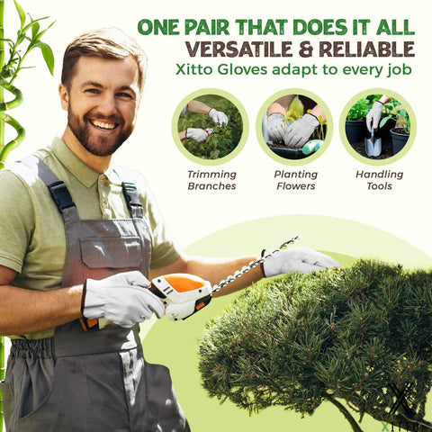 Man wearing Heavy Duty Cowhide Leather Work Gloves For Men, Driver Gloves For Trucking, Gardening, And Warehouse Work, 1mm Cut Resistant