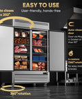 Tough As Nails 54 Inch Commercial Freezer 49 Cubic Feet Two Door Reach In Stainless Steel showing auto-close feature and shelves.