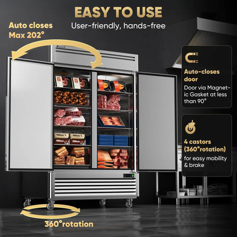 Tough As Nails 54 Inch Commercial Freezer 49 Cubic Feet Two Door Reach In Stainless Steel showing auto-close feature and shelves.