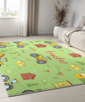 Ultra Soft 3x5 Ft Cartoon Farm Field Tractor Area Rug in living room, non-slip faux wool, low 0.24 inch profile.