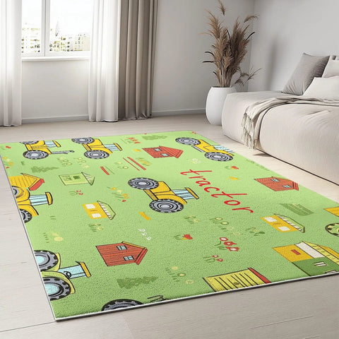 Ultra Soft 3x5 Ft Cartoon Farm Field Tractor Area Rug in living room, non-slip faux wool, low 0.24 inch profile.