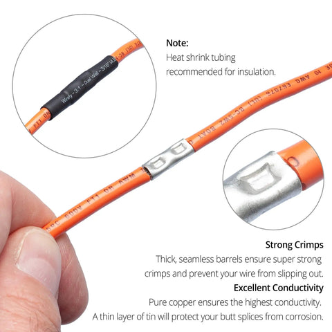 Non-Insulated Butt Connectors Kit 100 Pcs For 24-8 AWG Cu Wire Splice Connectors crimped on orange wire