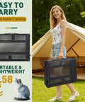 Woman carrying a folded aluminum folding camping table, showcasing portability for easy transport in outdoor settings.