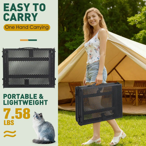 Woman carrying a folded aluminum folding camping table, showcasing portability for easy transport in outdoor settings.