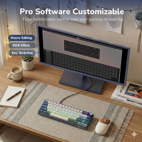Absolute Beast 60 Percent Mechanical Gaming Keyboard With Gasket Mount And Rgb Backlighting Volume Knob Pbt Keycaps Mda Profile Qmk Via Hot Swappable Layout For Late Night Grinding And Vibing Blue Edition on a desk with a monitor displaying software customization options.