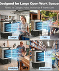 Heavy Duty Large Evaporative Swamp Cooler Pushes A Crisp 20600 CFM Breeze To Chill 3600 Sq Ft With No Sweat Auto Fill And A Beefy 57 Gallon Tank For Smooth Indoors Or Outdoors Cooling in various indoor and outdoor settings.