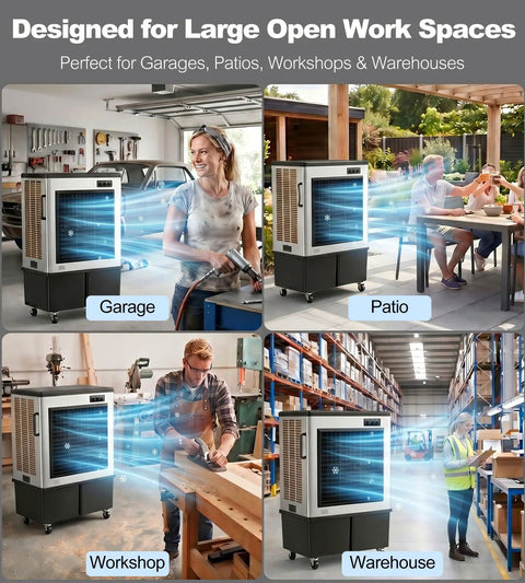 Heavy Duty Large Evaporative Swamp Cooler Pushes A Crisp 20600 CFM Breeze To Chill 3600 Sq Ft With No Sweat Auto Fill And A Beefy 57 Gallon Tank For Smooth Indoors Or Outdoors Cooling in various indoor and outdoor settings.