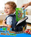 Child placing Mini Magnetic Tiles Road Travel Set For Kids On The Go Portable STEM Sensory Building Blocks into a backpack