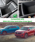 Must Have Center Console Organizer For VW Atlas And Atlas Cross Sport 2024 To 2026 Armrest Storage Tray installed in car.