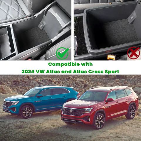 Must Have Center Console Organizer For VW Atlas And Atlas Cross Sport 2024 To 2026 Armrest Storage Tray installed in car.