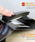 Close-up of hand using No Jam Booklet Stapler For 20 Sheets, All Metal Construction, Durable Black Finish on brochure