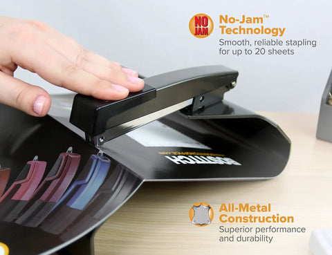 Close-up of hand using No Jam Booklet Stapler For 20 Sheets, All Metal Construction, Durable Black Finish on brochure