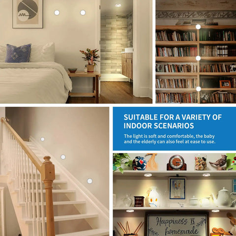 Collage of Puck Lights With Remote Wireless Under Cabinet Lighting Battery Operated Dimmable Night Light showcasing usage in bedroom, bookshelf, staircase, and display shelf