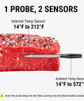 600 Foot Range Bluetooth Wireless Meat Thermometer With Upgraded Ultra Thin Probe inserted in raw meat showing temperature range