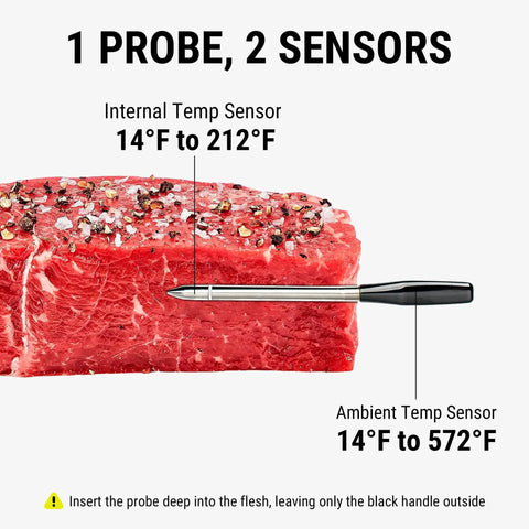 600 Foot Range Bluetooth Wireless Meat Thermometer With Upgraded Ultra Thin Probe inserted in raw meat showing temperature range
