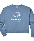 Blue sweatshirt with forklift graphic and German text, Dope Warehouse Logistics Forklift Driver Crop Sweatshirt For Women