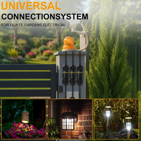 Garden with outdoor lighting connected by IP68 Outdoor Junction Box Waterproof Connector, 2 Way 2 Pin To 3 Pin M20 Gland, 0.5-2.5mm2 Wire, 450V 24A, Weatherproof Electrical Cable Connector For DIY Repairs And Extending Power Cables, Pack Of 3