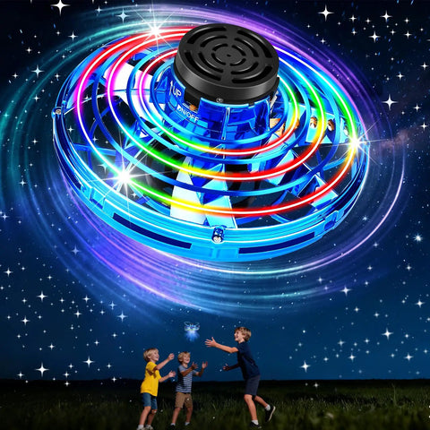 Dope LED Spinner Kids Drone Toy With 2026 Upgrade Hand Operated Fidget Flying Spinner hovering in the night sky with kids playing