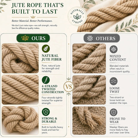 Comparison of natural jute fiber rope vs mixed content rope highlighting durability; Rugged Heavy Duty Jute Rope 2 Inch By 25 Feet Workhorse