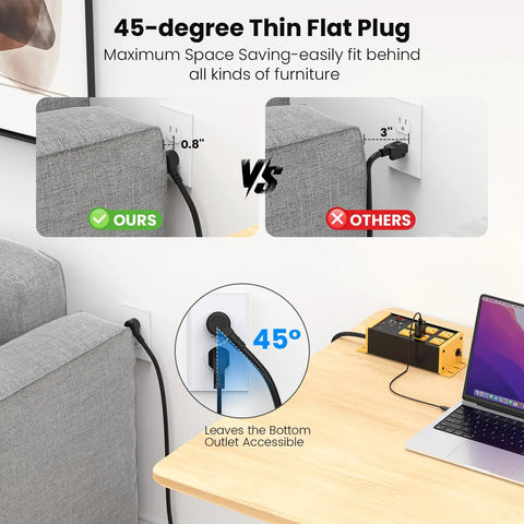 EMI And RFI Filtering Surge Protector Power Strip With 6 Outlets And 6 Ft Flat Plug Cord In Bright Yellow, Noise Isolation Banks That Block Up To 95 Percent EMI And RFI, Heavy Duty Shielded Protector For Home Office And Entertainment Gear, 45-degree flat plug