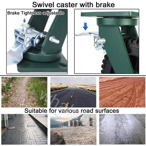 Badass Heavy Duty Industrial Caster Set Of Four Swivel Wheels With Parking Brakes Slick Rubber Tread showing adjustable brake mechanism.