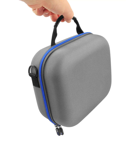 Heavy Duty CPAP Travel Case Compatible With Airmini Device And Airfit P10 Mask Setup, gray shell with blue trim, hand-held.