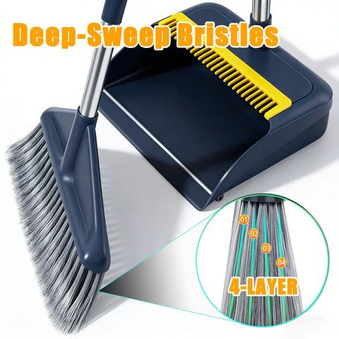 Heavy Duty Broom And Dustpan Set With Extended Handle For Fast Outdoor Cleanup Built Tough feature showing deep-sweep bristles.
