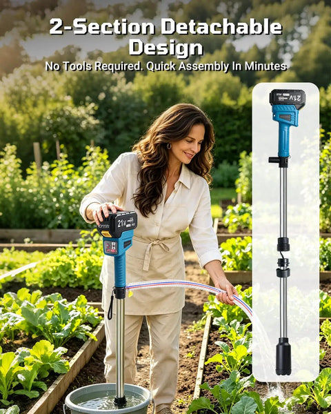 Heavy Duty Cordless Water Pump With 720 GPH Output And 29 Ft Max Lift featuring a 2-section design for easy assembly in a garden.