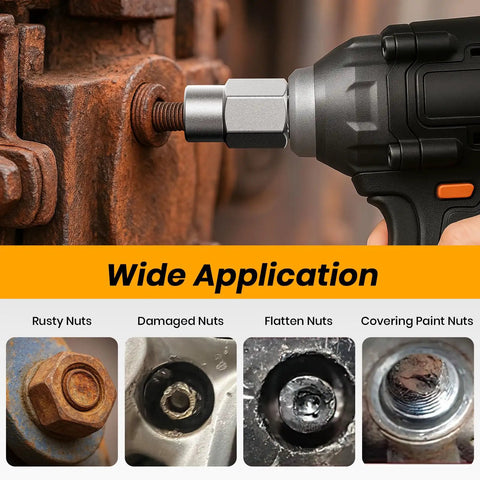 Impact Bolt And Nut Remover Set Pro Grade Fourteen Piece Bolt Extractor Tool Kit in use on rusted fasteners