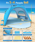 Pop Up Beach Tent Sun Shelter For 3 To 4 People, No Fuss Portable Sun Shade Canopy With Carry Bag, UPF 30+ UV Protection, mesh window