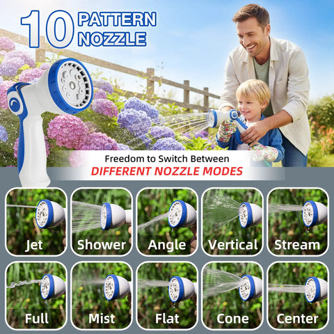 Retractable Garden Hose Reel With 10 Patterns Spray Nozzle, 50Ft Auto Wind Up Hose Holder showcasing nozzle modes in use.