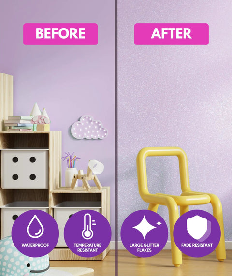Before and after wall transformation with Glitter Paint Additive 5.3oz, showing a dull wall and a sparkly holographic finish.