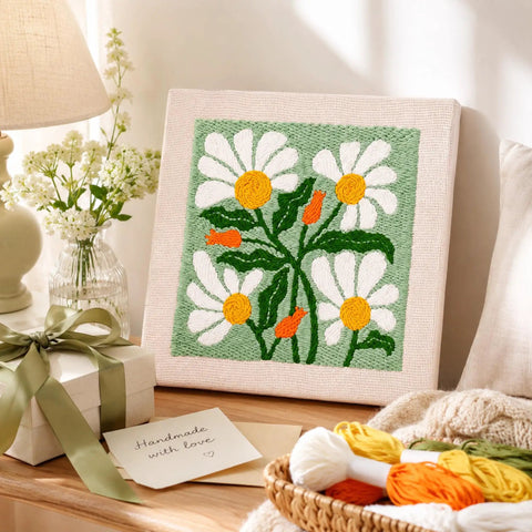 Beginner Punch Needle Kit With 9.8 Inch Frame, All In One Yarn Craft Set For Adults, Includes Punch Needle Tool, Scissors, Colorful Yarn And Simple Instructions, Green with floral design